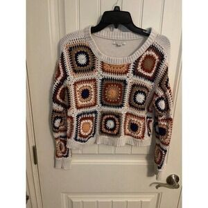 American Eagle Cropped Granny Square Sweater White Cream Multi Color Women Sz XS